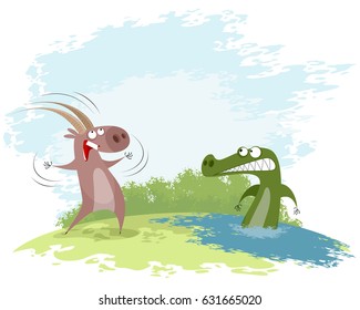 Vector illustration of a goat teases the crocodile