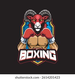 Vector Illustration of Goat Wearing Boxing Gloves with Detailed Illustration Available for Logo Badge