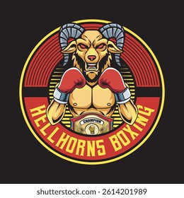 Vector Illustration of Goat Wearing Boxing Gloves and Champion Belt with Detailed Illustration Available for Logo Badge