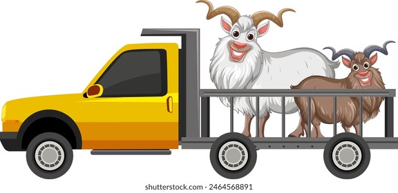 Vector illustration of goats in a yellow pickup truck