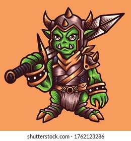 Ilustración vectorial de Goblin Knight con Espada, Blade, Armor en el fondo de los colores. Ilustración de mano para la impresión de camisetas con emblema de emblema de la etiqueta del logotipo deportivo de mascota. Logotipo del vector