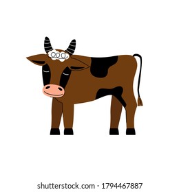 Vector illustration of a goby. Cute flat style bull. Farmer's brown-black bull.
