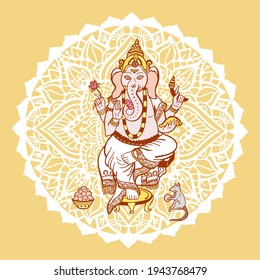 Vector illustration of the god of Hinduism Ganesha. The many-armed god Ganesha with the head of an elephant sits on the throne. Offerings for Ganesha. 