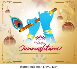 Vector illustration of god Krishna Hand Holding a beautiful Flute for Janmashtmi means Janmashtmi with shiny gold background, hanging butter pots