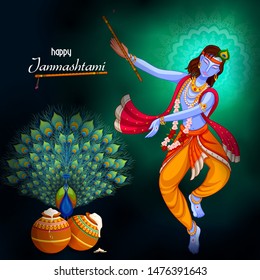 vector illustration of God Krishna playing flute on Happy Janmashtami festival background of India