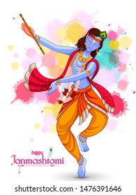 vector illustration of God Krishna playing flute on Happy Janmashtami festival background of India