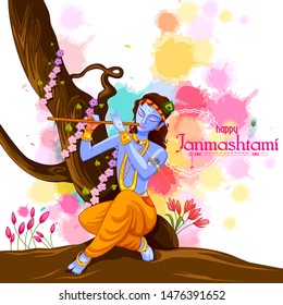 vector illustration of God Krishna playing flute on Happy Janmashtami festival background of India