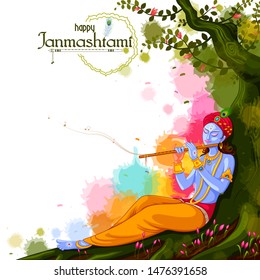 vector illustration of God Krishna playing flute on Happy Janmashtami festival background of India