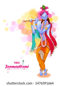 vector illustration of God Krishna playing flute on Happy Janmashtami festival background of India