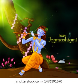 vector illustration of God Krishna playing flute on Happy Janmashtami festival background of India