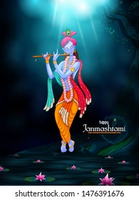 vector illustration of God Krishna playing flute on Happy Janmashtami festival background of India