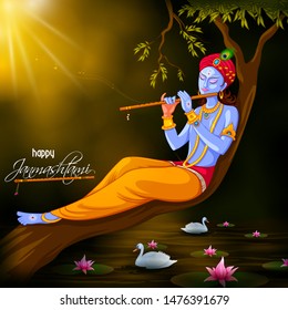 vector illustration of God Krishna playing flute on Happy Janmashtami festival background of India