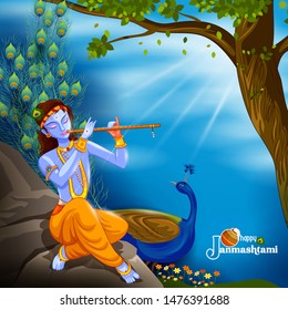 vector illustration of God Krishna playing flute on Happy Janmashtami festival background of India