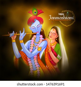 vector illustration of God Krishna playing flute with Radha on Happy Janmashtami festival background of India