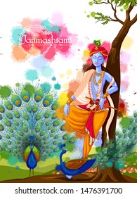 vector illustration of God Krishna playing flute on Happy Janmashtami festival background of India