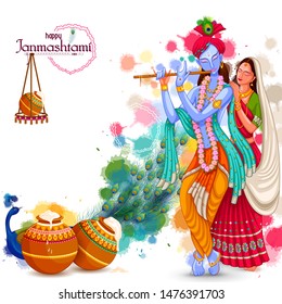 vector illustration of God Krishna playing flute with Radha on Happy Janmashtami festival background of India