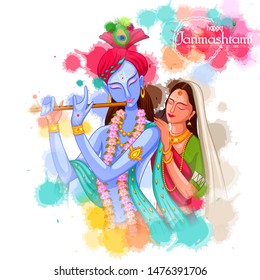 vector illustration of God Krishna playing flute with Radha on Happy Janmashtami festival background of India