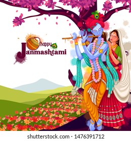 vector illustration of God Krishna playing flute with Radha on Happy Janmashtami festival background of India