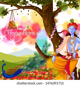 vector illustration of God Krishna playing flute on Happy Janmashtami festival background of India