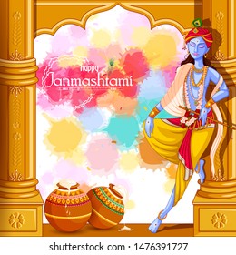 vector illustration of God Krishna playing flute on Happy Janmashtami festival background of India