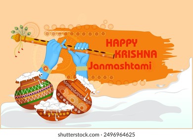 vector illustration of God Krishna playing flute on Happy Janmashtami festival background of India