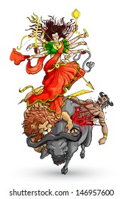 vector illustration of goddess Durga killing Mahishasura