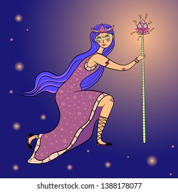 Vector illustration with a goddess Hera in a pink dress with a staff and with long purple hair in a crown. In cartoon style, purple background