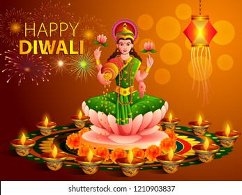 vector illustration of Goddess Lakshmi with decorated diya for Happy Dhanteras Diwali festival holiday celebration of India greeting background