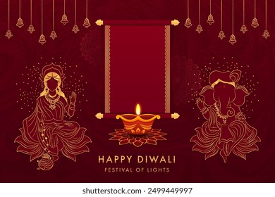 Vector illustration of Goddess Lakshmi and Lord Ganesha for Happy Diwali festival holiday celebration of India greeting Background with Text Space