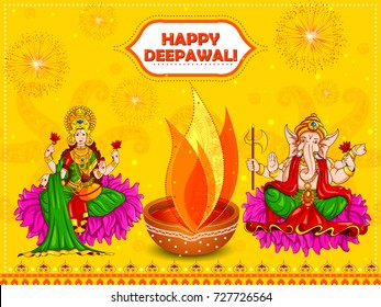 vector illustration of Goddess Lakshmi and Lord Ganesha for Happy Diwali festival holiday celebration of India greeting background