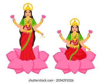 Vector Illustration Of Goddess Lakshmi Maa Character On Lotus Flower In Two Option.