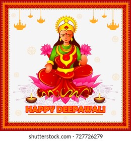 vector illustration of Goddess lakshmi sitting on lotus for Happy Diwali festival holiday celebration of India greeting background