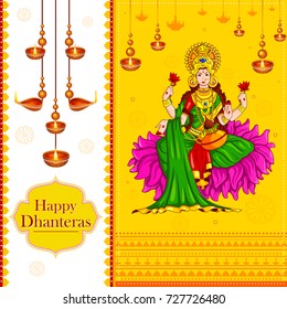 vector illustration of Goddess lakshmi sitting on lotus for Happy Diwali festival holiday celebration of India greeting background