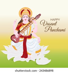 Vector illustration of Goddess Saraswati sitting on lotus and holding Veena with swan for vasant panchami.