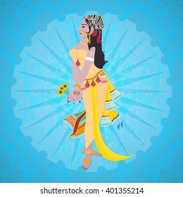 Vector illustration of Goddess Shakti, or Indo-European beautiful woman in clothes with Vedic ornament on a blue background