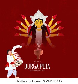 Vector illustration of Goddess Shri Durga for Durga Puja, Subh Navratri, with a vibrant red background