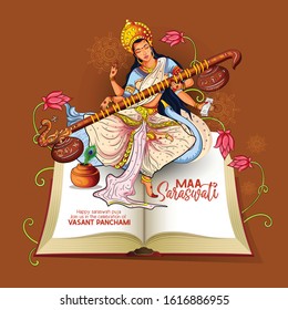 Vector illustration of Goddess of Wisdom Saraswati for Vasant Panchami India festival