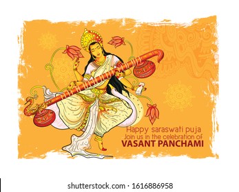 Vector illustration of Goddess of Wisdom Saraswati for Vasant Panchami India festival