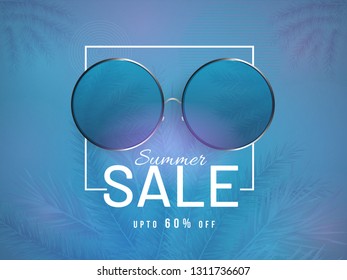 Ilustración vectorial de gafas sobre hojas tropicales decorados fondo para el afiche de la venta de verano o diseño de pancartas.