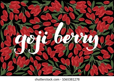 vector illustration of goji berry and leaf design with lettering goji berry background black and berry and text fresh farm product 100% natural for you EPS10