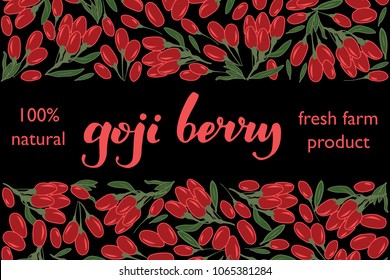 vector illustration of goji berry and leaf design with lettering goji berry background black and berry and text fresh farm product 100% natural for you EPS10
