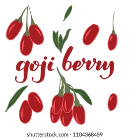 vector illustration of goji berry and leaf design with lettering background white EPS10