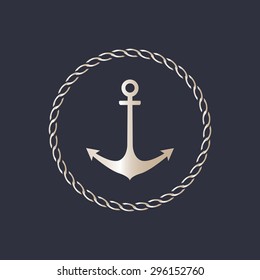 Vector illustration gold anchor with rope border.