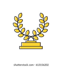 Vector illustration of gold award cup with yellow leaves icon in flat line style. Graphic design concept of winner or champion on contest. Use in Web Project and App. Outline stock object