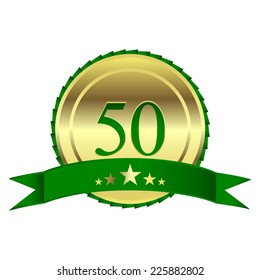 Vector illustration of Gold award with green ribbon. 50 - years anniversary.