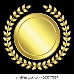 Vector illustration of Gold Award, a laurel wreath, black background
