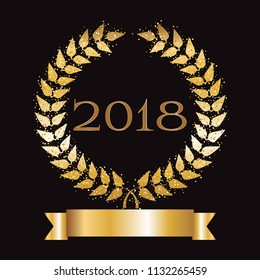 Vector illustration of Gold award on a black background. 2018 year. Gold ribbon and laurel wreath with sparkles. Winner of the year.