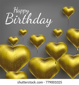 Vector illustration with gold balloons in the shape of heart. Background for postcards, posters.
