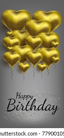Vector illustration with gold balloons in the shape of heart. Background for postcards, posters.