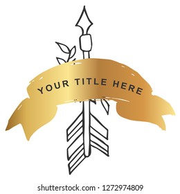 Vector Illustration of Gold Banner with Arrow with Feathers Icon